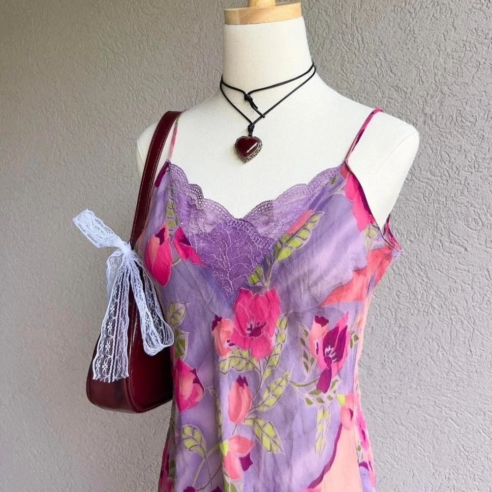 Vtg Y2K 2001 Victoria's Secret 100% Silk Slip Dress Purple Floral Lingerie - Picture 2 of 8
